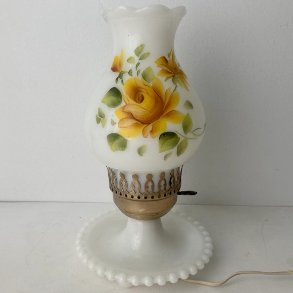 Vintage Other - Vintage Lamp Cottagecore Victorian Table Lamp Tole Painted Hurricane Milk Glass